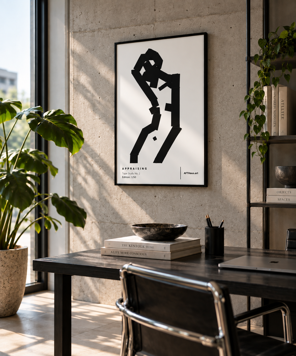 A framed black and white abstract art print hangs on a concrete wall above a dark wooden desk in a modern, sunlit room with plants and books.