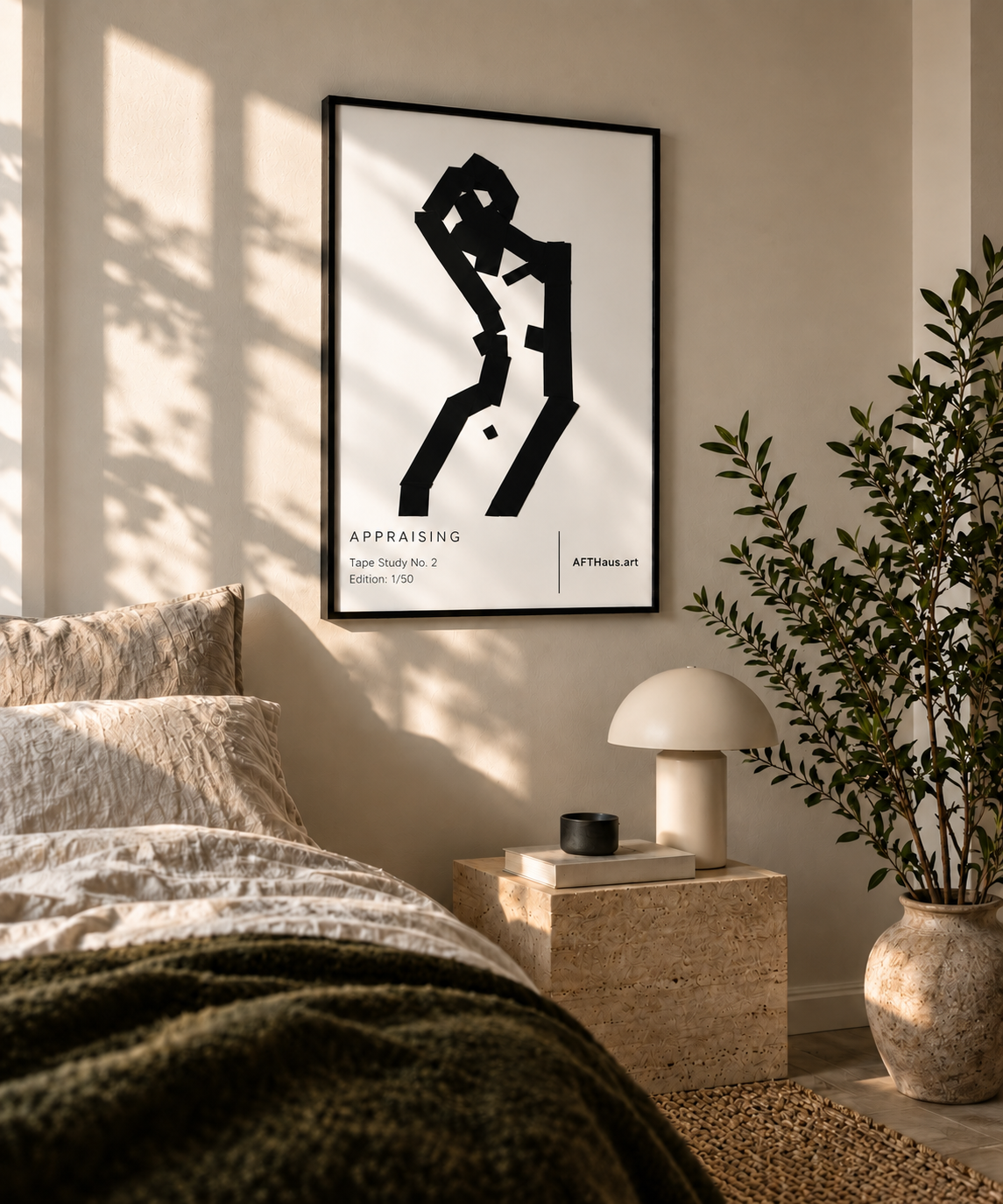 A framed black and white abstract art print hanging on a beige wall in a styled bedroom setting, featuring the text 'APPRAISING' and 'APPRISING.art'.