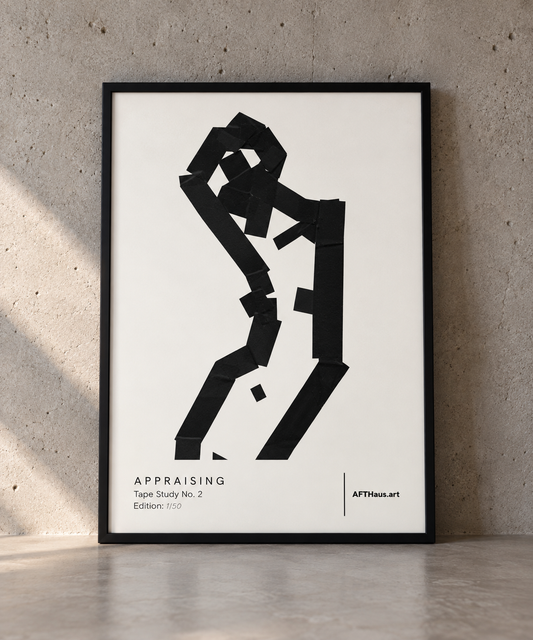 A framed black and white art print titled 'APPraising Tapestry No. 2' leaning against a textured concrete wall on a wooden floor.
