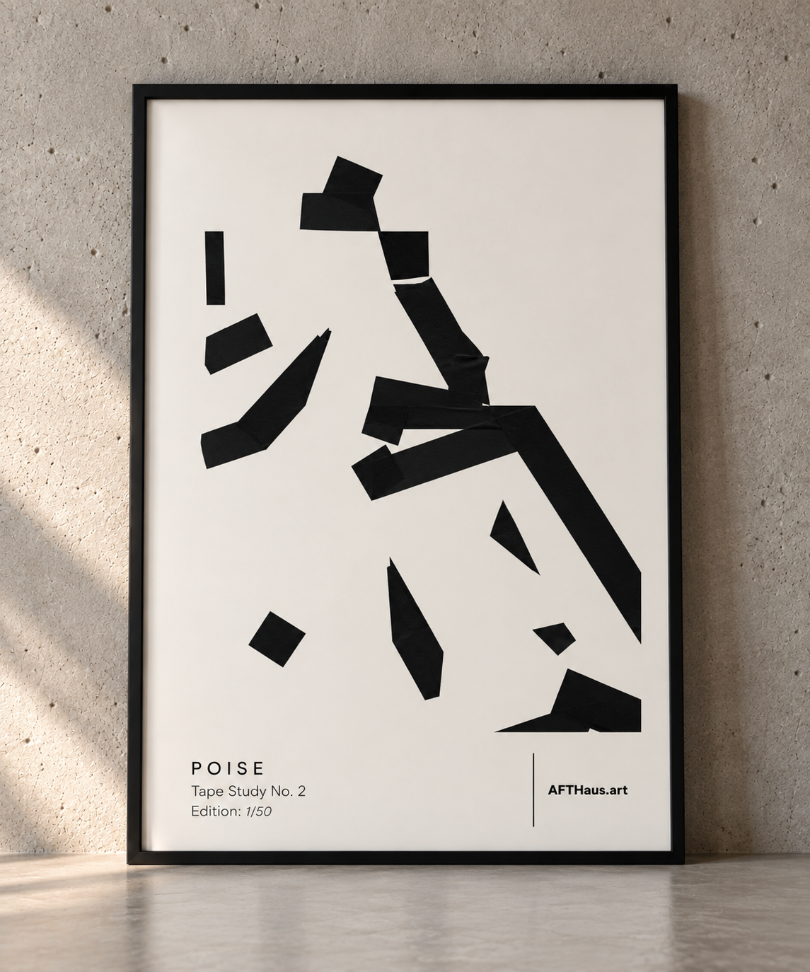 A framed minimalist art print featuring black abstract shapes on an off-white background, leaning against a textured concrete wall on a light floor. The print includes the text 'POISE', 'Tape Study No. 2
