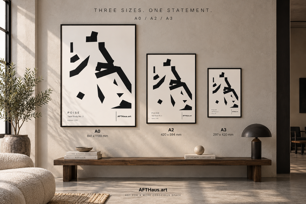 Three framed abstract black-and-white art prints displayed on a beige wall in a modern interior setting, with size labels A0, A2, and A3 and the text 'THREE SIZES. ONE STATEMENT.